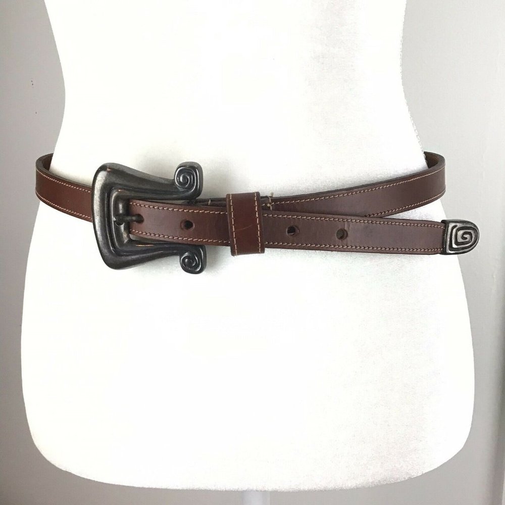 Women’s M - L Brown Hand Stitched Leather Belt USA Made Art to Wear